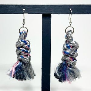 Handmade Macrame Earrings Mermaid Tail Silver Pink Blue Black Nylon Cotton Cord